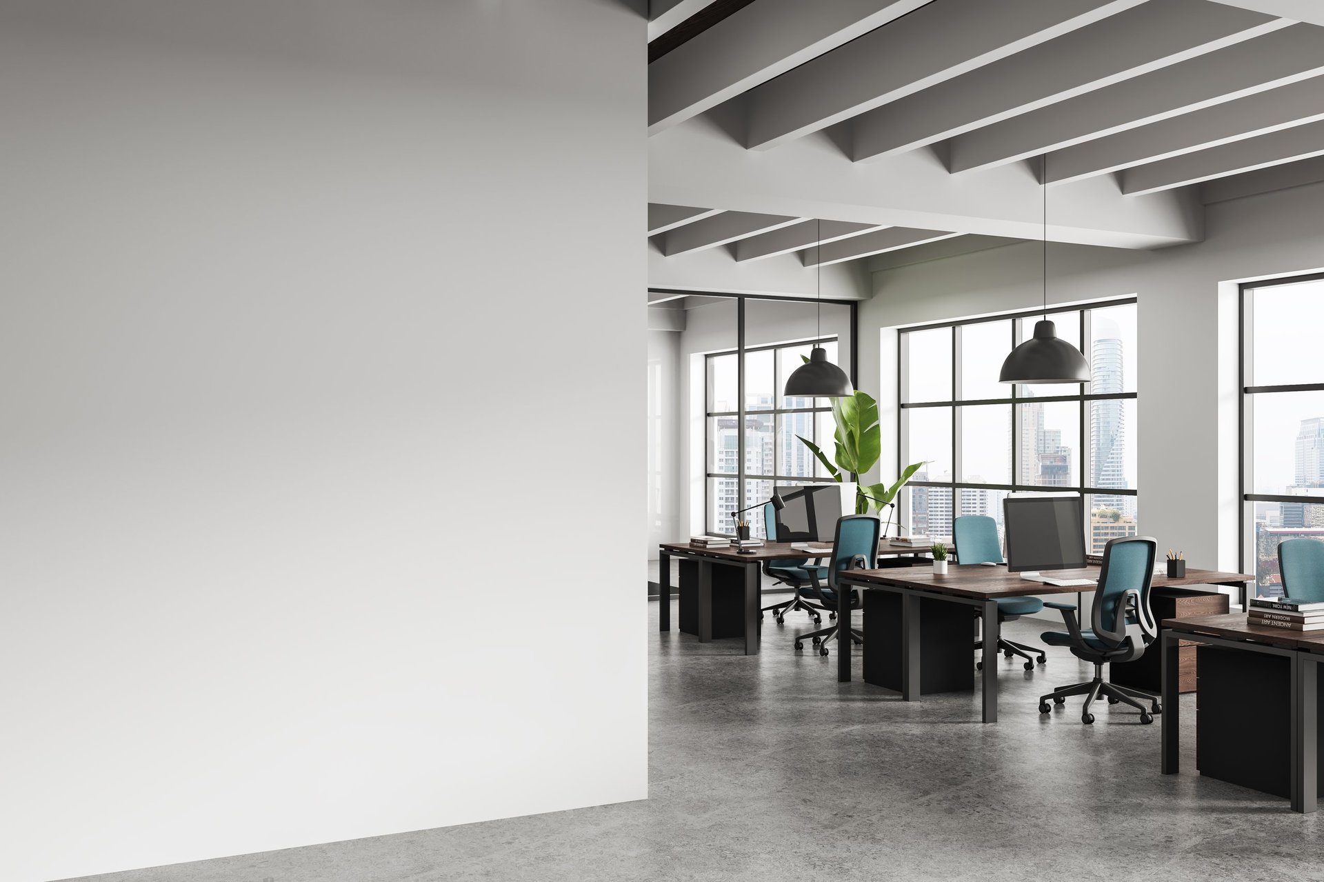 Contemporary office interior with clean empty wall for poster mockup, realistic style, modern workspace background