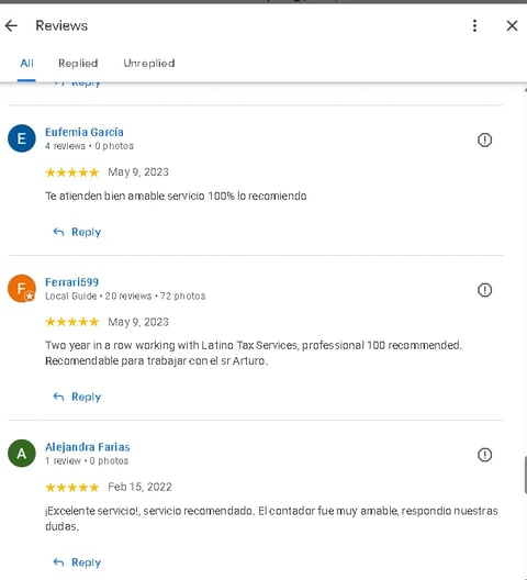 Google Reviews page showing customer testimonials with 5-star ratings for a tax service, including reviews from Eufemia Garcia, Ferral599, and Alejandra Farias