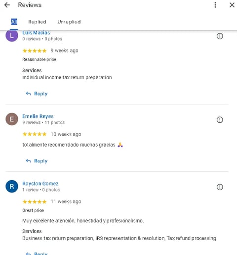 Reviews section showing customer testimonials with 5-star ratings for tax preparation services from Litis Macias, Emelle Reyes, and Royston Gomez