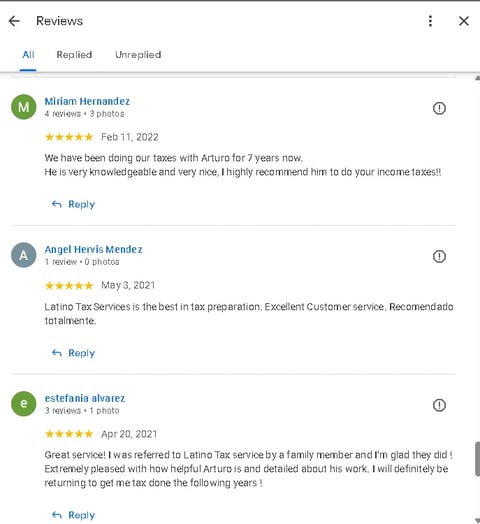 Reviews section showing customer testimonials with 5-star ratings for Latino Tax Services from Miriam Hernandez, Angel Hervis Mendez, and Estefania Alvarez