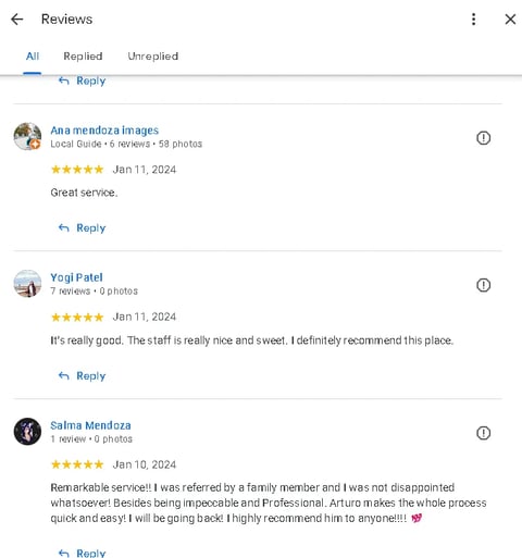 Screenshot of customer reviews page showing five-star ratings from Ana Mendoza, Yogi Patel, and Salma Mendoza with positive feedback about service and staff