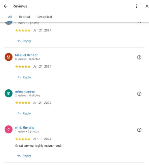 Reviews page showing user ratings and comments from Manuel Benitez, unina romero, and chris the drip, all with 5-star ratings