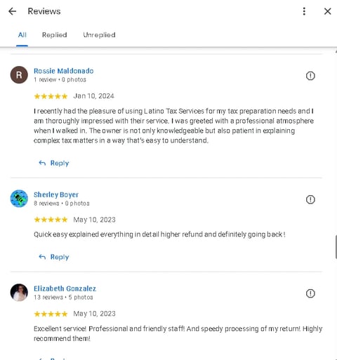 Customer reviews section showing five-star ratings from three reviewers praising tax preparation and refund services