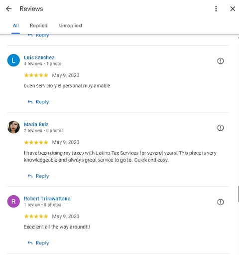 Google Reviews page showing customer testimonials with five-star ratings from users praising Latino Tax Services for quality and reliability