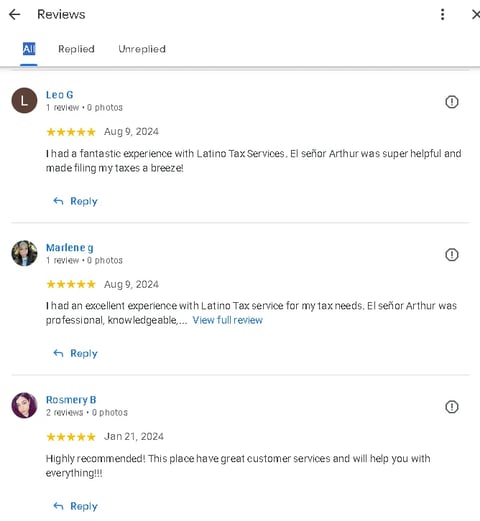 Reviews page showing customer ratings and testimonials for Latino Tax Services with five-star reviews from Leo G, Marlene g, and Rosemary B