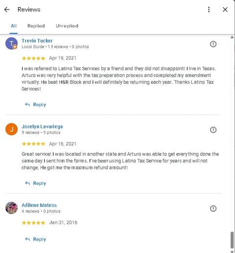 Screenshot of customer reviews showing five-star ratings from Trevin Tucker, Jocelyn Lavaiega, and Adilene Mateos for Latino Tax Services